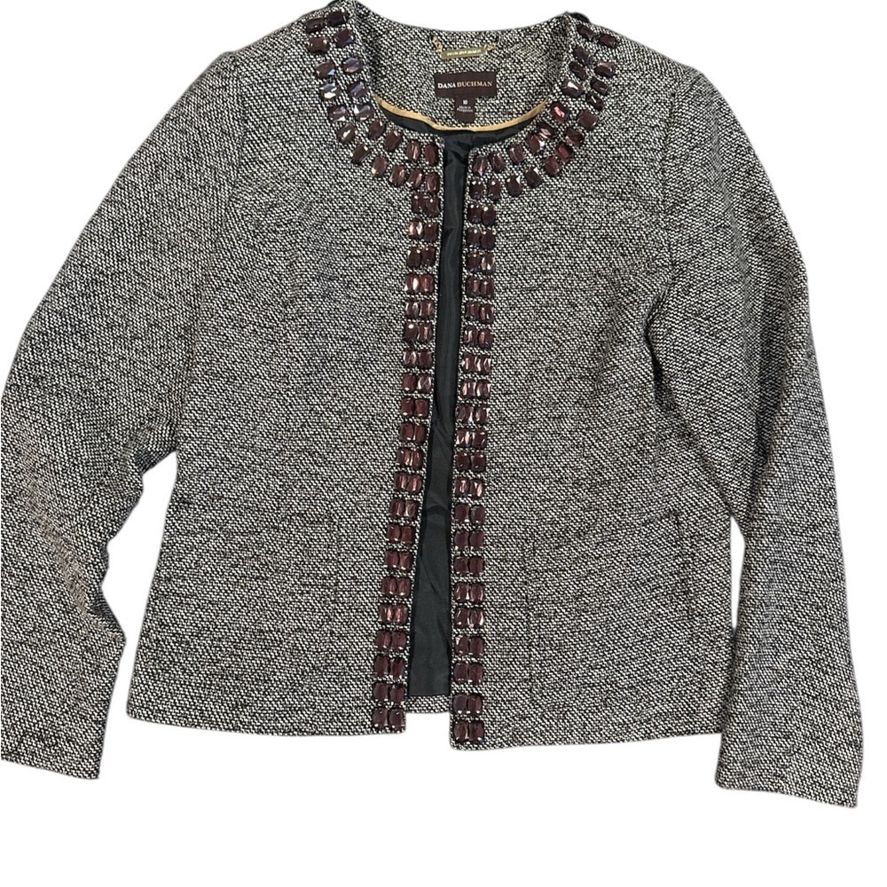 Dana Buchman Gray brown Tweed Blazer with Embellished Trim sz 10 business jacket
